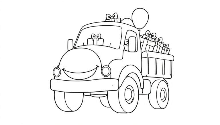 Desenho a preto e branco de um camião sorridente com presentes e um balão, pronto para ser colorido.