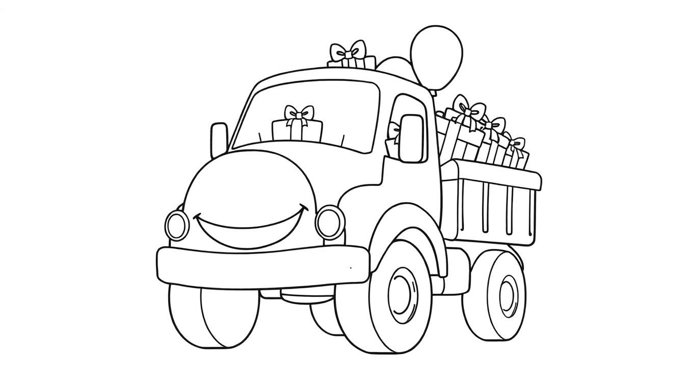 Desenho a preto e branco de um camião sorridente com presentes e um balão, pronto para ser colorido.