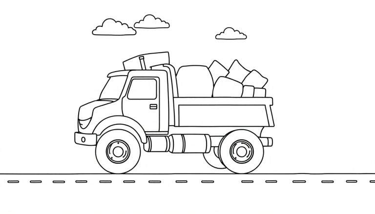 Desenho a preto e branco de um camião a transportar rochas numa estrada sob um céu nublado, pronto para ser colorido.