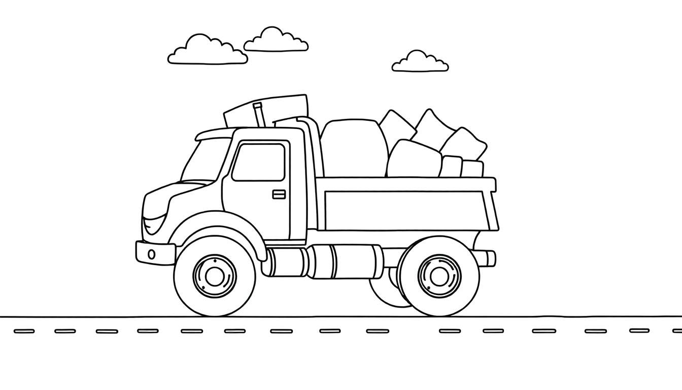 Desenho a preto e branco de um camião a transportar rochas numa estrada sob um céu nublado, pronto para ser colorido.