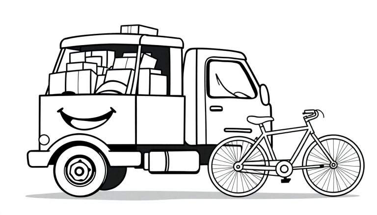 Página para colorir com um caminhão de entregas sorridente e uma bicicleta.