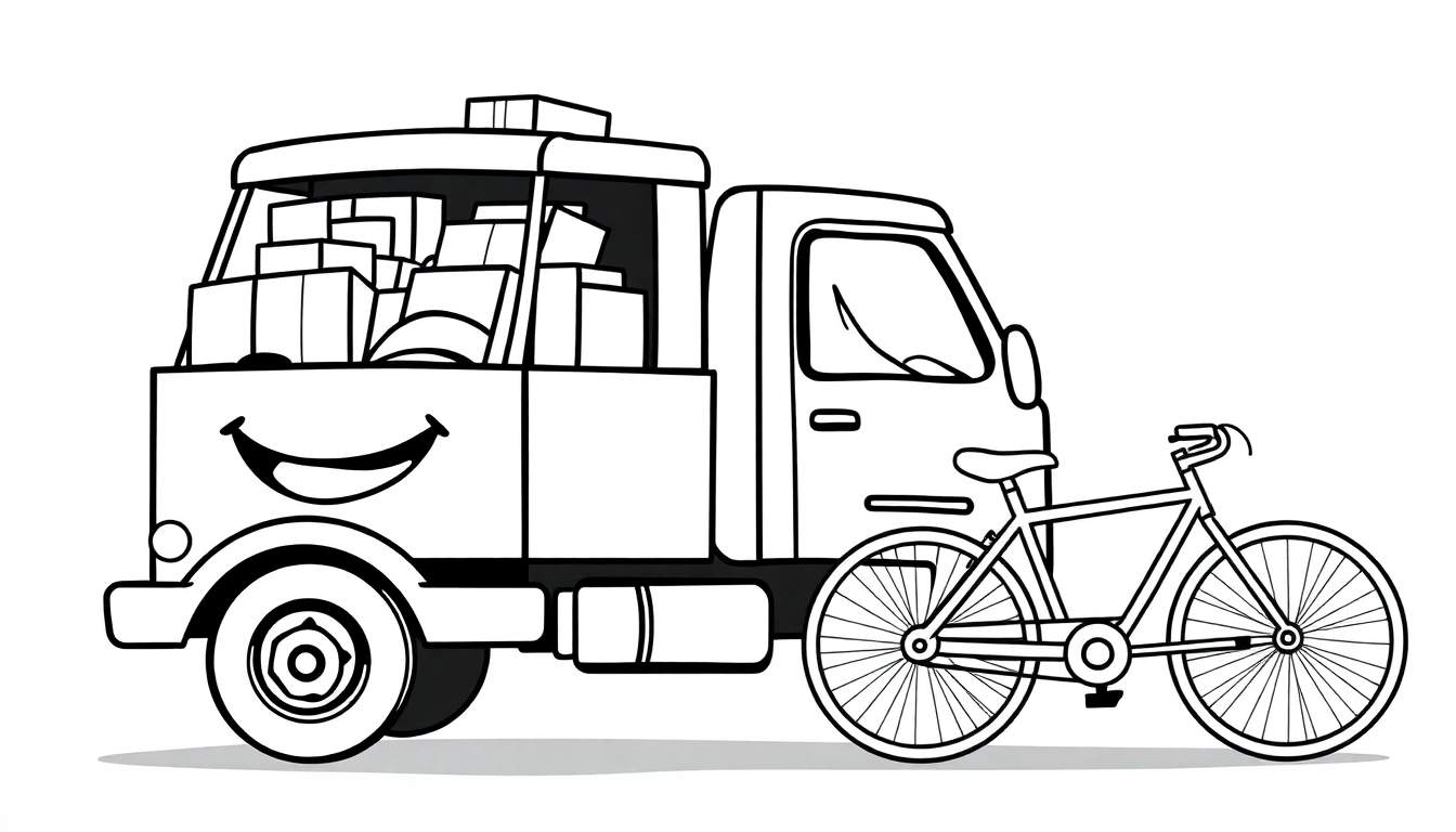 Página para colorir com um caminhão de entregas sorridente e uma bicicleta.