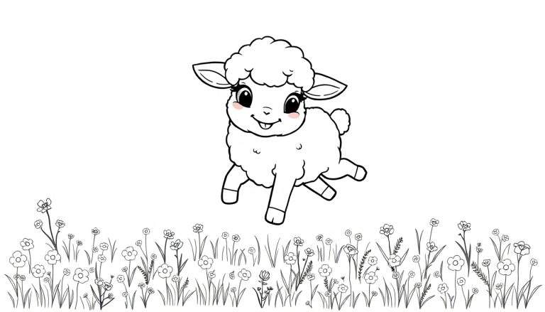 Desenho em preto e branco de um carneiro fofo a correr e a saltar num campo de flores, com olhos grandes e um sorriso.