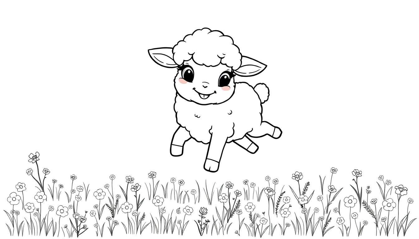 Desenho em preto e branco de um carneiro fofo a correr e a saltar num campo de flores, com olhos grandes e um sorriso.