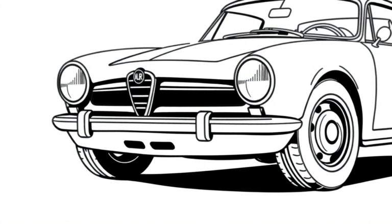 Página para colorir de um carro clássico Alfa Romeo com grelha icónica e roda em destaque.