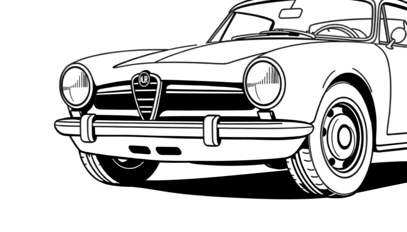 Página para colorir de um carro clássico Alfa Romeo com grelha icónica e roda em destaque.