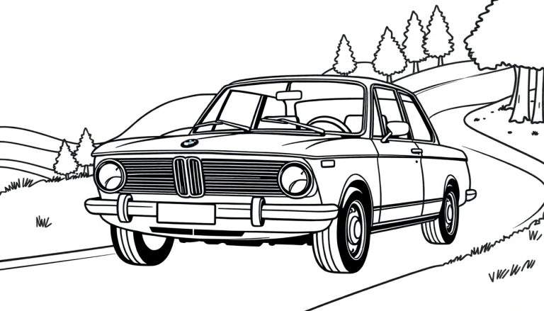 Página para colorir de um carro clássico estilo BMW 2002 numa estrada com curvas, com árvores e colinas ao fundo. O carro está virado para o observador.