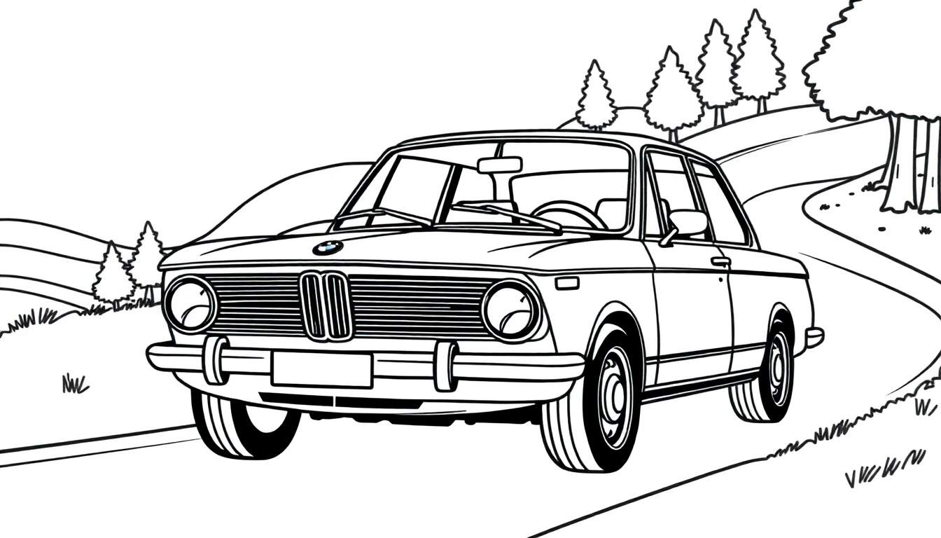Página para colorir de um carro clássico estilo BMW 2002 numa estrada com curvas, com árvores e colinas ao fundo. O carro está virado para o observador.