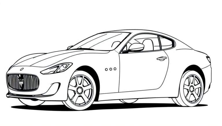Página para colorir em preto e branco de um carro desportivo aerodinâmico visto de lado, com interior visível.