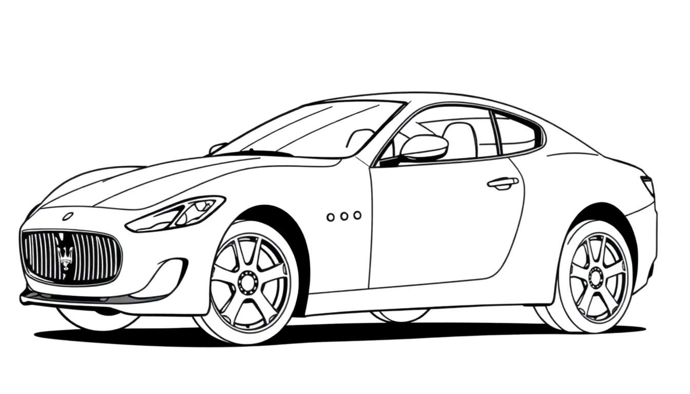 Página para colorir em preto e branco de um carro desportivo aerodinâmico visto de lado, com interior visível.