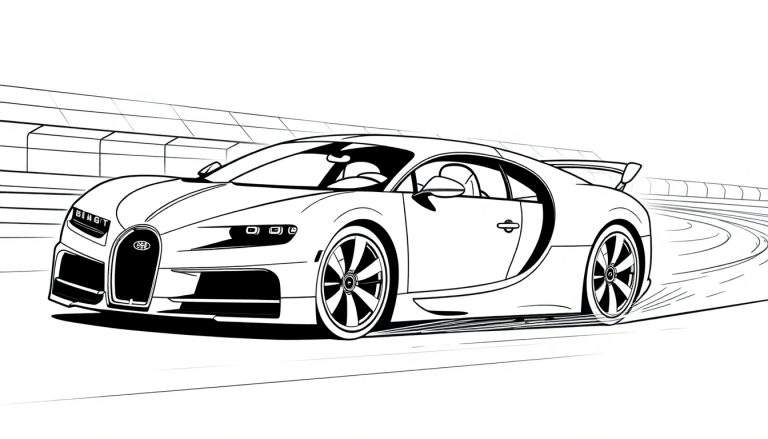 Desenho a traço de um carro desportivo preto e branco a derrapar numa pista de corrida.