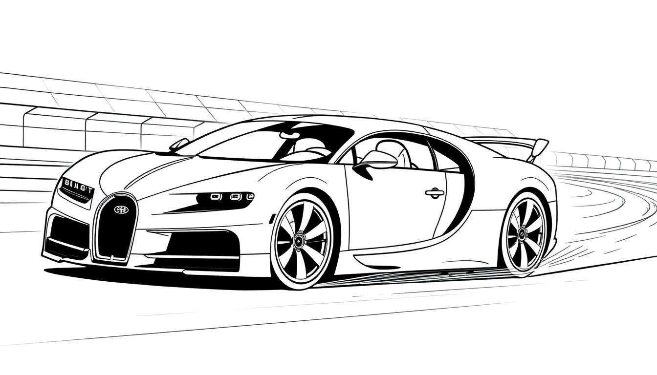 Desenho a traço de um carro desportivo preto e branco a derrapar numa pista de corrida.
