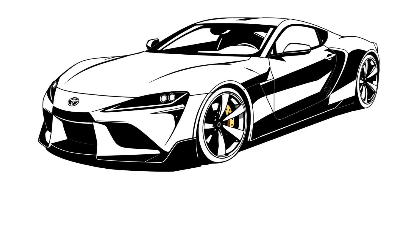 Página para colorir de um carro desportivo Toyota com linhas elegantes, rodas destacadas e travões amarelos.
