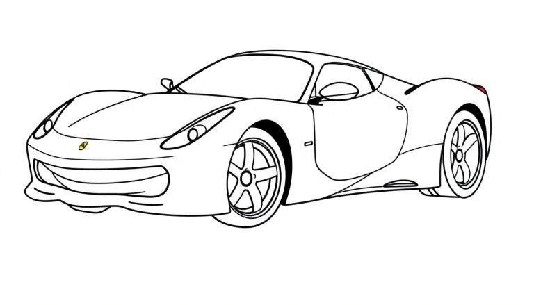 Desenho a preto e branco de um carro desportivo pronto a ser colorido