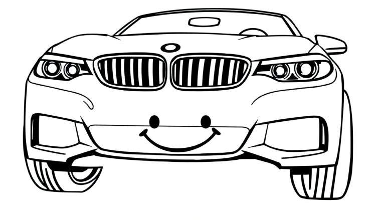 Página para colorir de um carro preto e branco com um rosto sorridente.