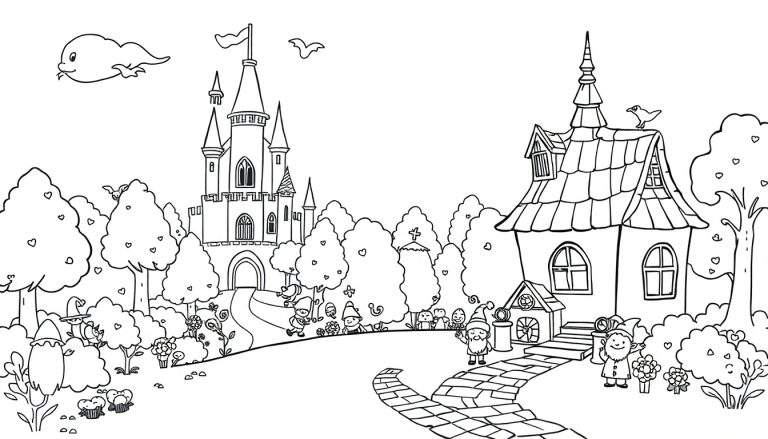 Página para colorir de fantasia com castelo, gnomos, criaturas mágicas e elementos da natureza.