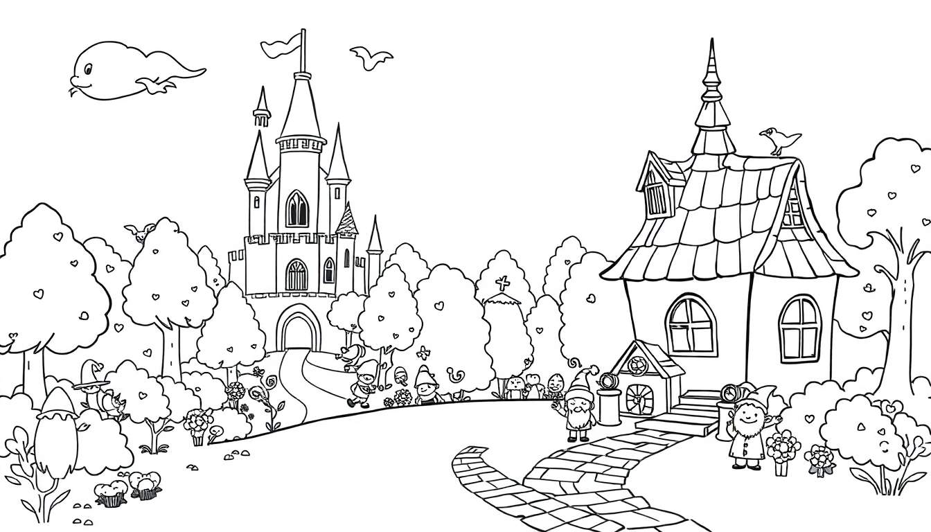 Página para colorir de fantasia com castelo, gnomos, criaturas mágicas e elementos da natureza.