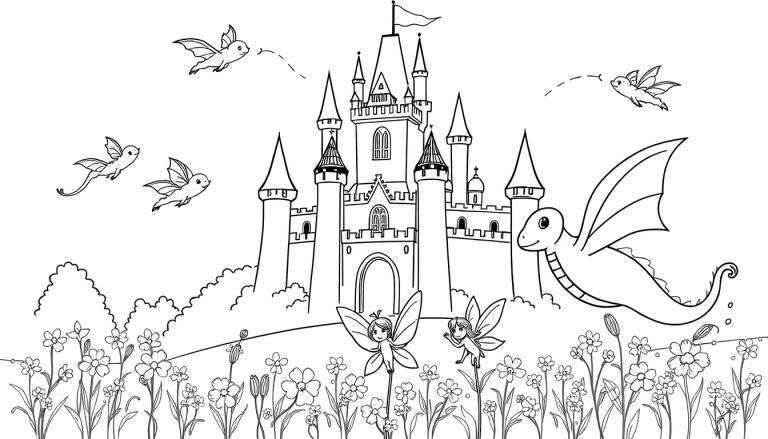 Desenho a preto e branco de um castelo de conto de fadas com flores, fadas e um dragão a voar.