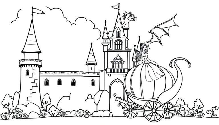 Ilustração de página para colorir de um castelo de conto de fadas com torres, uma princesa numa carruagem de abóbora, um dragão e elementos da natureza.