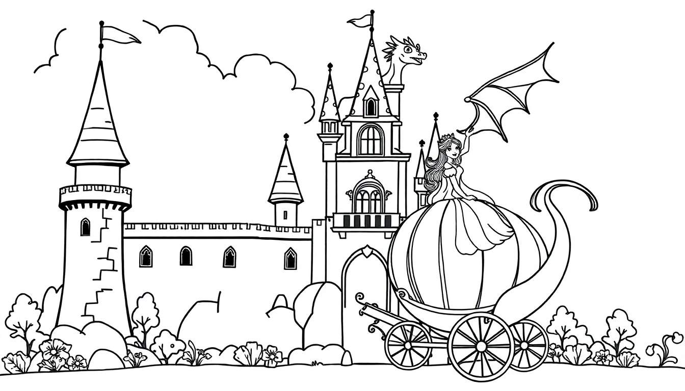 Ilustração de página para colorir de um castelo de conto de fadas com torres, uma princesa numa carruagem de abóbora, um dragão e elementos da natureza.