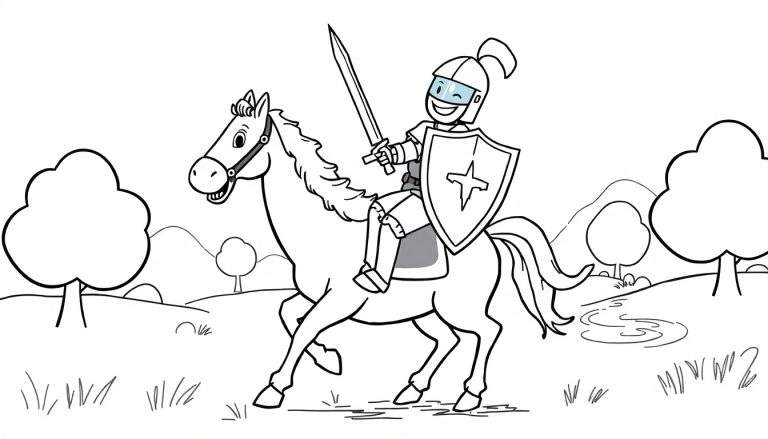 Desenho a preto e branco de um cavaleiro com elmo, escudo e espada a cavalo num campo com árvores e colinas, pronto para ser colorido.