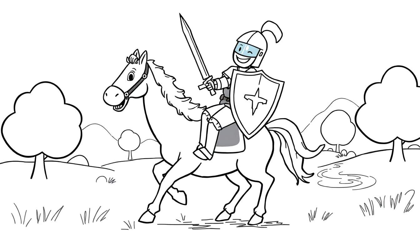 Desenho a preto e branco de um cavaleiro com elmo, escudo e espada a cavalo num campo com árvores e colinas, pronto para ser colorido.
