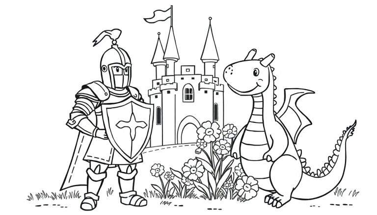 Página para colorir: cavaleiro em armadura com escudo de cruz e dragão sorridente em frente a um castelo, rodeados por flores e grama.