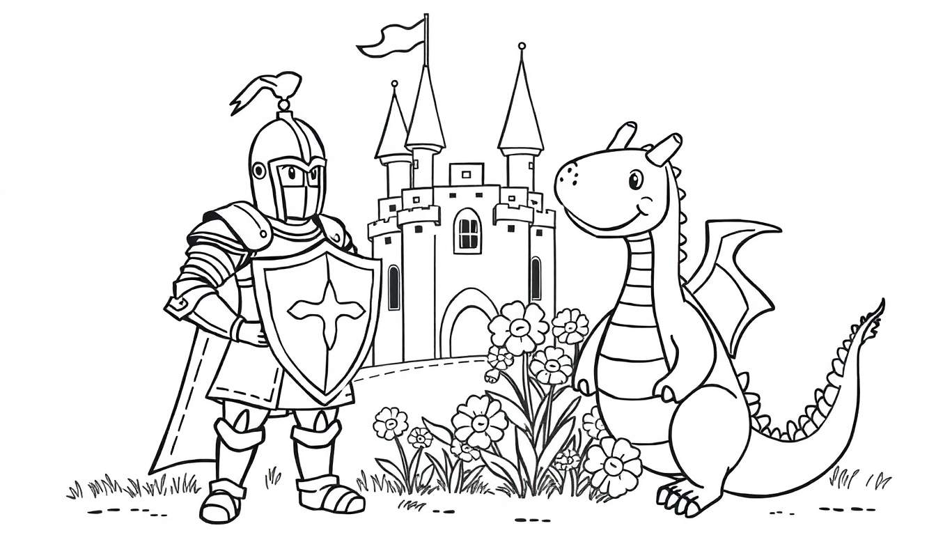 Página para colorir: cavaleiro em armadura com escudo de cruz e dragão sorridente em frente a um castelo, rodeados por flores e grama.