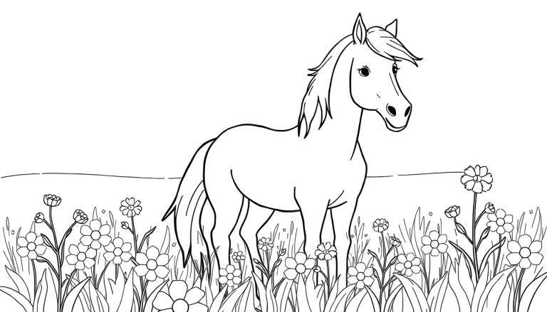 Página para colorir com um desenho a preto e branco de um cavalo numa campina florida.