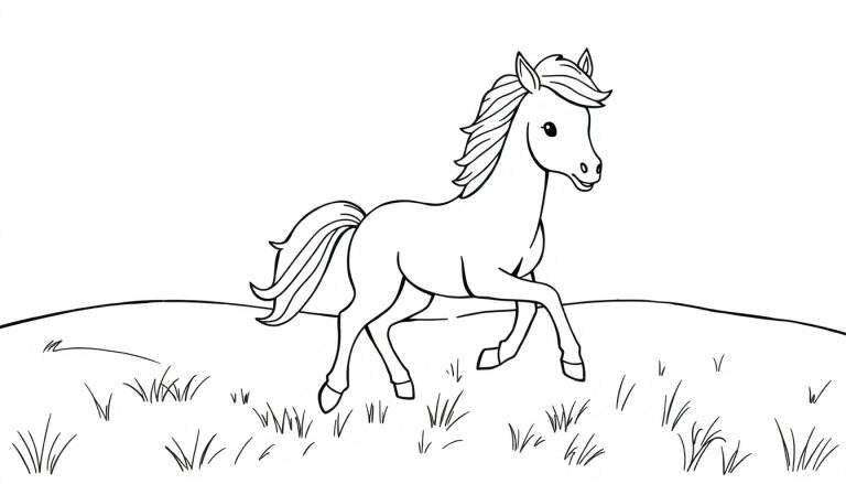 Desenho de contorno de um cavalo correndo alegremente em um campo com moitas de grama.