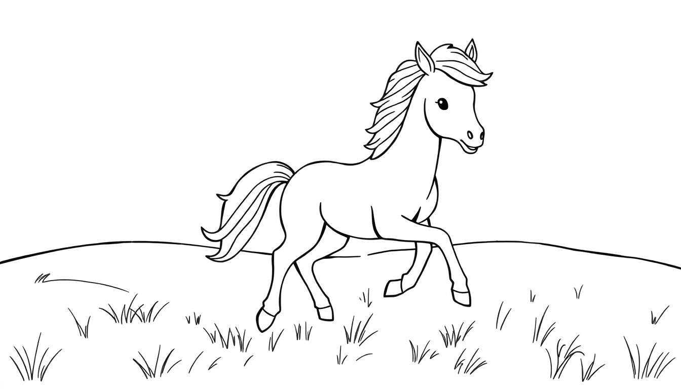 Desenho de contorno de um cavalo correndo alegremente em um campo com moitas de grama.