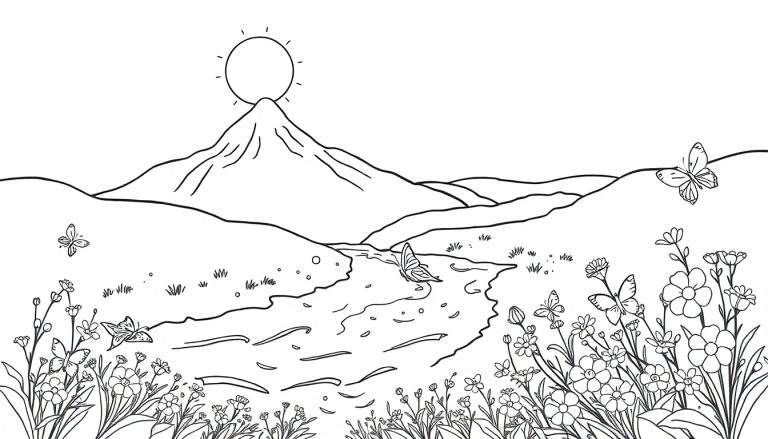 Página para colorir de um cenário natural sereno com montanha, sol, rio, flores e borboletas.