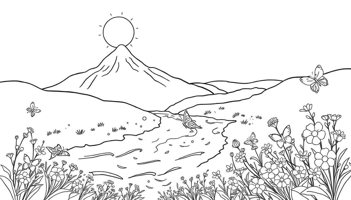 Página para colorir de um cenário natural sereno com montanha, sol, rio, flores e borboletas.