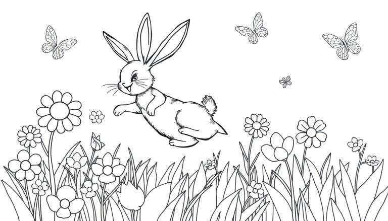 Página para colorir de um coelho a saltar em campo florido com borboletas