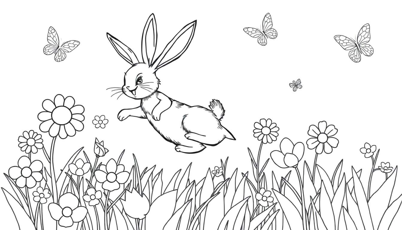 Página para colorir de um coelho a saltar em campo florido com borboletas