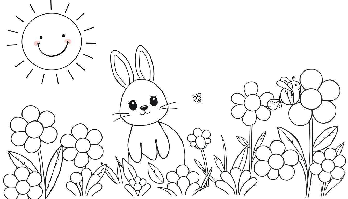 Página para colorir de um coelho branco sentado no meio de flores com um sol sorridente no canto superior esquerdo e uma abelha pairando perto de uma flor.