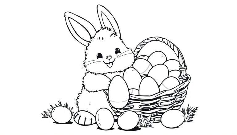 Página para colorir de um coelho fofo de Páscoa com uma cesta de ovos.