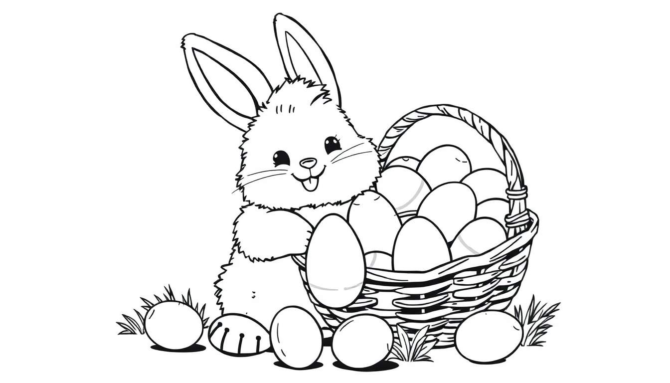 Página para colorir de um coelho fofo de Páscoa com uma cesta de ovos.