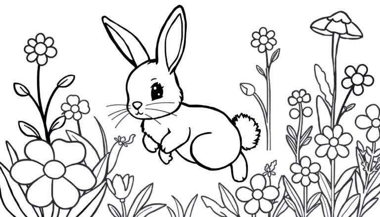 Página para colorir de um coelho fofo a saltar entre flores coloridas e plantas.