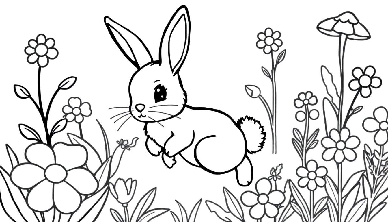 Página para colorir de um coelho fofo a saltar entre flores coloridas e plantas.