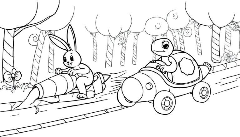 Desenho para colorir de um coelho em um carro foguete e uma tartaruga em um carro em uma corrida, com árvores sorridentes ao redor.
