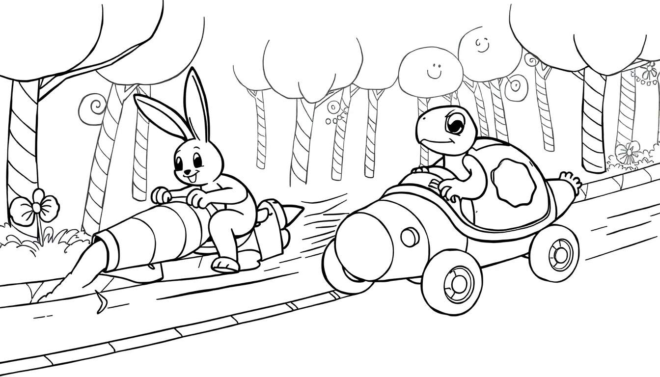 Desenho para colorir de um coelho em um carro foguete e uma tartaruga em um carro em uma corrida, com árvores sorridentes ao redor.