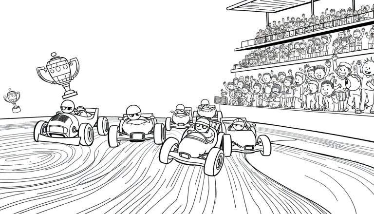 Página para colorir de uma corrida de karts com personagens a competir, um kart a liderar com um troféu, e espectadores numa bancada.