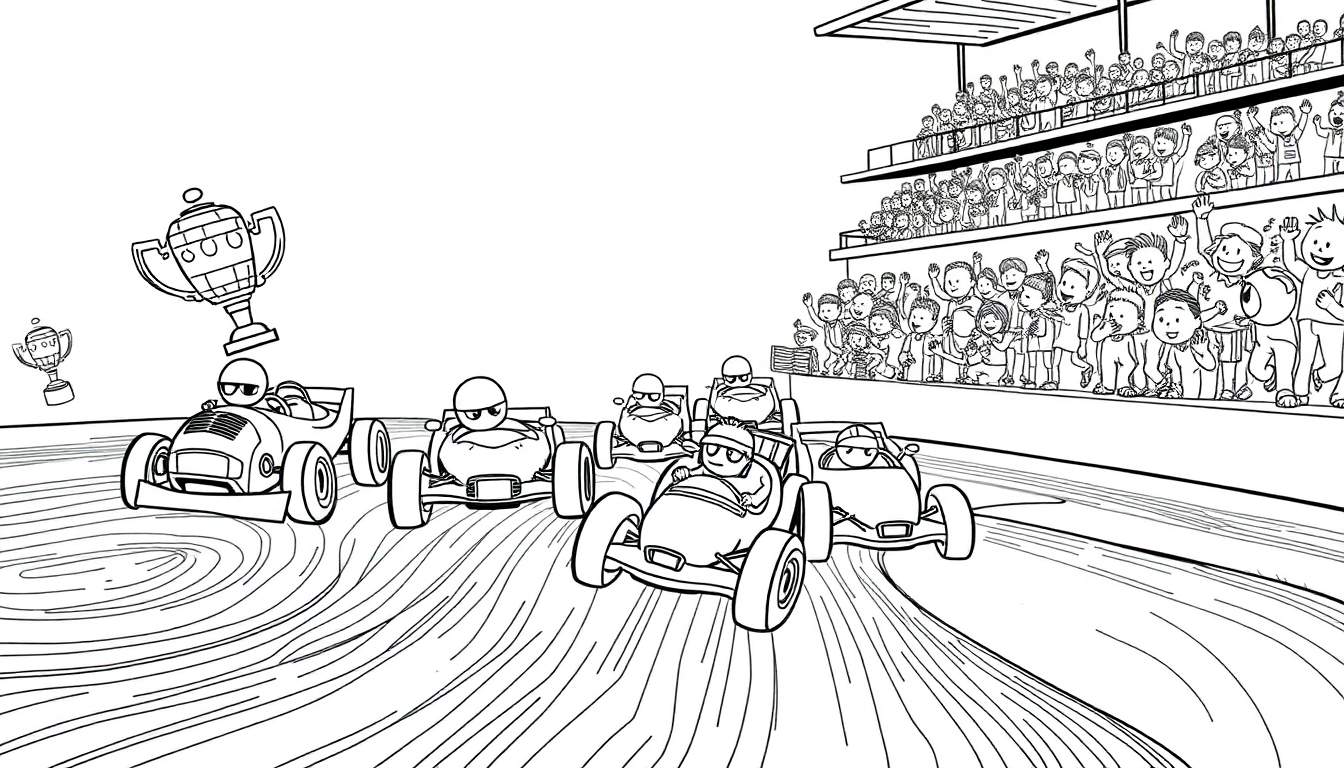 Página para colorir de uma corrida de karts com personagens a competir, um kart a liderar com um troféu, e espectadores numa bancada.