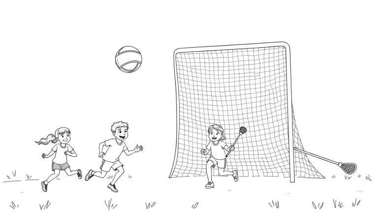 Ilustração para colorir de crianças a jogar lacrosse, com duas a correr para uma baliza e uma a segurar um taco.
