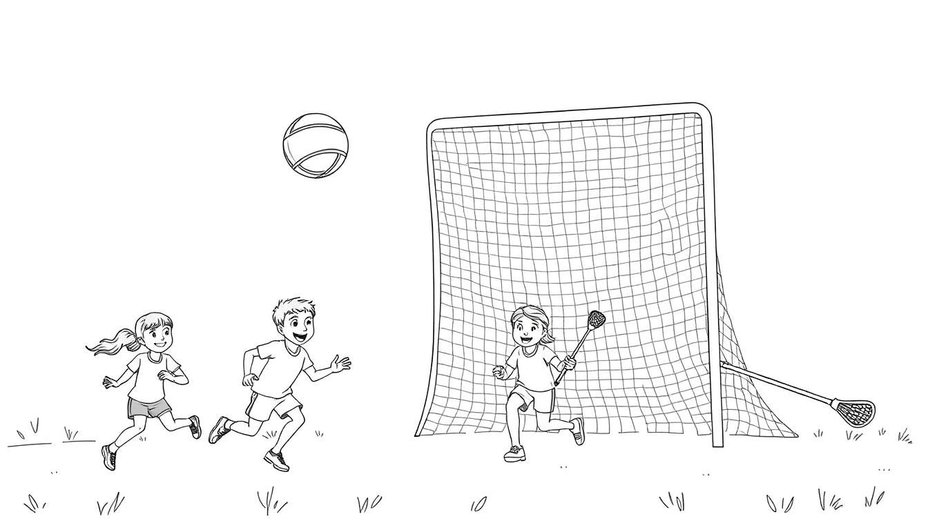 Ilustração para colorir de crianças a jogar lacrosse, com duas a correr para uma baliza e uma a segurar um taco.