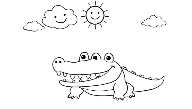 Página para colorir de um crocodilo sorridente com a boca aberta e dentes visíveis, sob um sol e nuvens sorridentes.
