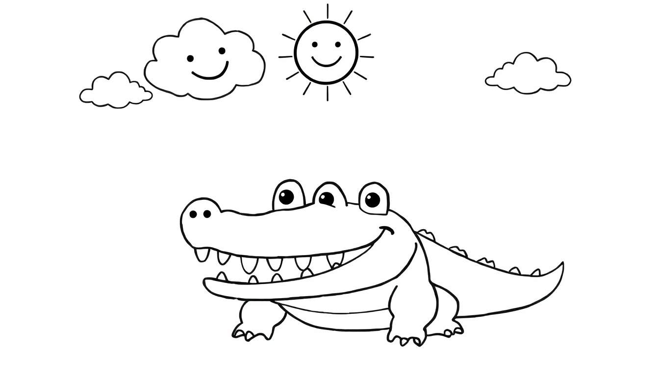 Página para colorir de um crocodilo sorridente com a boca aberta e dentes visíveis, sob um sol e nuvens sorridentes.