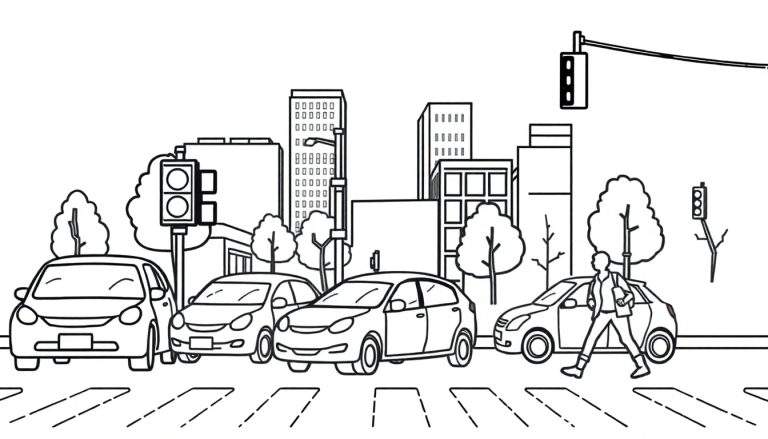 Ilustração em preto e branco de um cruzamento de trânsito com carros parados, um pedestre na faixa de pedestres, edifícios altos e árvores ao fundo. Uma página para colorir.