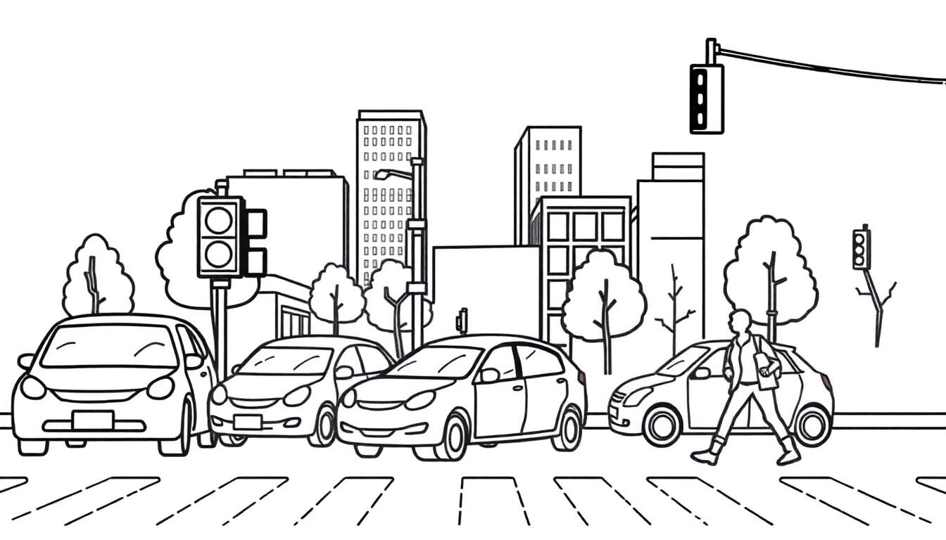 Ilustração em preto e branco de um cruzamento de trânsito com carros parados, um pedestre na faixa de pedestres, edifícios altos e árvores ao fundo. Uma página para colorir.